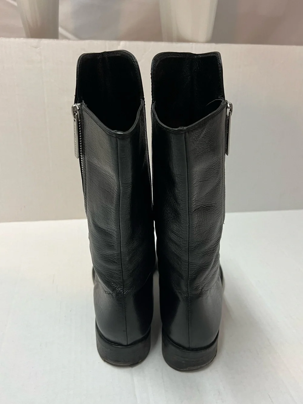 Sergio Rossi Women’s 37.5 (US 7.5) Black Leather Zip Moto Mid Calf Combat Boots - Picture 7 of 12